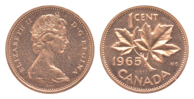 Канада 1 цент 1965 Елизавета II (1952-2022), кленовый лист KM 59 бронза PROOF-LIKE (BU) 4639-327