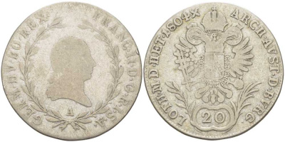 АВСТРИЯ 20 КРЕЙЦЕРОВ 1804 А, ФРАНЦ II (1792-1835) KM 2139 серебро 61-1156