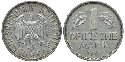 ФРГ 1 МАРКА 1954 D KM 110, J. 385 медно-никель 72-624