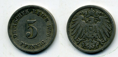 ГЕРМАНИЯ 5 ПФЕННИГОВ 1900 F, KM 11, J. 12 медно-никель 58-1152