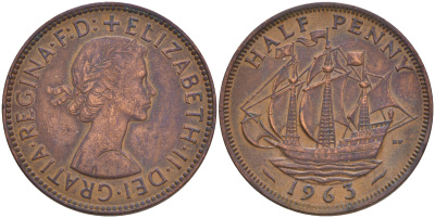 Великобритания 1/2 пенни 1963 Елизавета II (1952-2022) KM 896, Spink 4158 бронза 4561-534