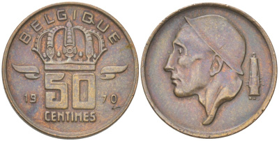 Бельгия 50 сантимов 1970 Belgique, Бодуэн I (1951-1993) KM 148 бронза 4613-852
