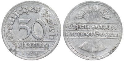 Германия 50 пфеннигов 1921 D KM 27, J. 301 алюминий 4114-841