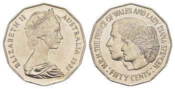 Австралия 50 центов 1981 Свадьба Принца Чарльза и Леди Дианы KM 72 медно-никель UNC 38-732
