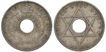 Британская Западная Африка 1/2 пенни 1947 KN, Георг VI KM 18 медно-никель 25-1434