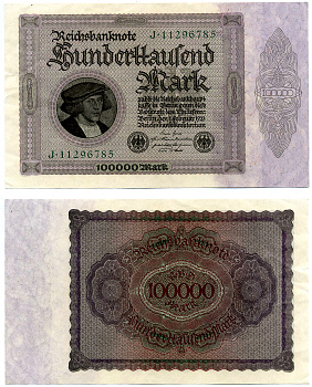 ГЕРМАНИЯ 100000 МАРОК 1923 1 ФЕВРАЛЯ 1923, ВЫПУСК (МАРТ 1923-5 ИЮЛЯ 1925), НОМЕР ВОСЬМИЗНАЧНЫЙ, СЕРИЯ J 11296785, БЕЗ ПЕРЕГИБОВ Pick 83, Роземберг 82а бумага 2194-10-2-2