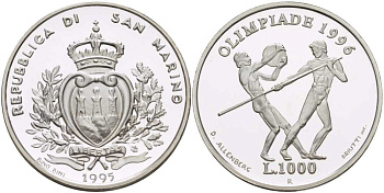 Сан-Марино 1000 лир 1995 XXVI летние Олимпийские игры в Атланте 1996 года, копьеметатель и дискобол KM 332 серебро PROOF 1074-10-52