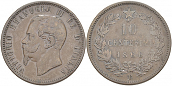 ИТАЛИЯ 10 ЧЕНТЕЗИМО 1866 T, ВИКТОР ЭММАНУИЛ II (1861-1878) KM 11.6 медь 51-4244
