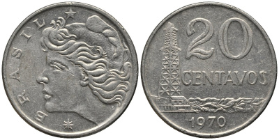 Бразилия 20 сентаво 1970 голова Свободы влево KM 579.2, Schon 84a медно-никель 4577-623