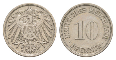 Германия 10 пфеннигов 1908 F, Вильгельм II (1888-1918) KM 12, J. 13 медно-никель 4640-315