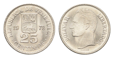 Венесуэла 25 сентимо 1978 Симон Боливар Y 50 никель UNC 4668-1033