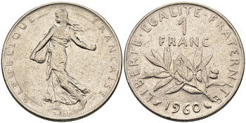 ФРАНЦИЯ 1 ФРАНК 1960 СЕЯТЕЛЬ КМ 925.1, LE FRANC 226.4 никель 4573-226