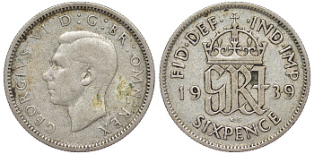 Великобритания 6 пенсов 1939 Георг VI (1936-1952) KM 852, Spink 4084 серебро 4178-267