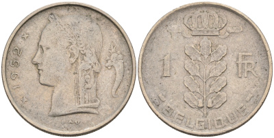 БЕЛЬГИЯ 1 ФРАНК 1952 BELGIQUE KM 142.1 медно-никель 4563-1212