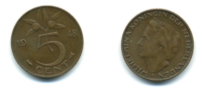 НИДЕРЛАНДЫ 5 ЦЕНТОВ 1948 KM 176 бронза 54-1311