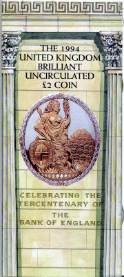 Великобритания 2 фунта 1994 Елизавета II (1952-2022), 300 лет банку Англии (1694-1994), в оригинальном картонном буклете KM 968, Spink 4314 (K4) никель латунь BUNC 3-4-4-40