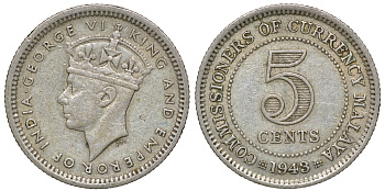 Британская Малайя 5 центов 1943 Георг VI (1937-1952) KM 3a серебро 53-144