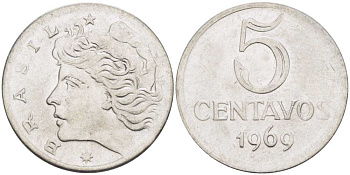 Бразилия 5 сентаво 1969  голова свободы влево KM 577.2, Schon 82a нержавеющая сталь 58-514
