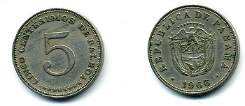 Панама 5 сентесимо 1966 KM 23.2 медно-никель 29-1212