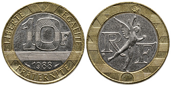 Франция 10 франков 1988 тип Гений Бастилии KM 964.1, Le Frank 375.2 биметалл 80-523