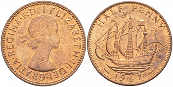 Великобритания 1/2 пенни 1967 Елизавета II (1952-2022) KM 896, Spink 4158 бронза UNC 212-1231