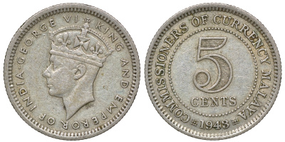 Британская Малайя 5 центов 1943 Георг VI (1937-1952) KM 3a серебро 53-144