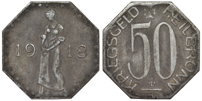 Германия, Хайльбронн 50 пфеннигов 1918 Баден-Вюртемберг, нотгельд, тонкий кружок Funck 204.xx железо 4121-447