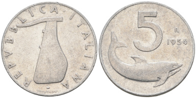 Италия 5 лир 1954 R, дельфин KM 92 алюминий 4594-1032