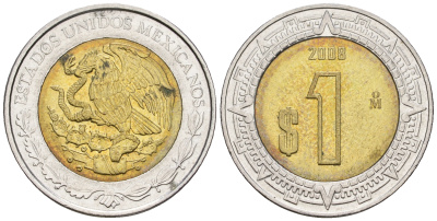 Мексика 1 песо 2008 KM 603 биметалл 259-11