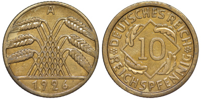 Германия 10 рейхспфеннигов 1926 A KM 40, J. 317 алюминиевая бронза 4604-711