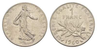 Франция 1 франк 1960 сеятель KM 925.1, Le Franc 226.4 никель 4631-532