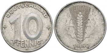 ГДР 10 ПФЕННИГОВ 1950 А KM 3 алюминий 4448-536