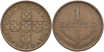 Португалия 1 эскудо 1972 KM 597 бронза 4126-613