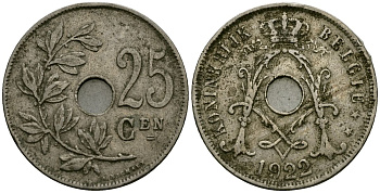 Бельгия 25 сантимов 1922 Belgie KM 69 медно-никель 4165-835