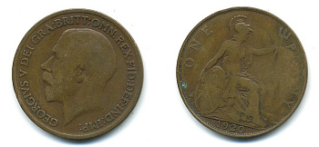 Великобритания 1 пенни 1920 Георг V (1910-1936) КМ 810, Spink 4051 бронза 4110-224