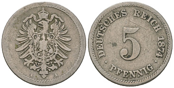Германия 5 пфеннигов 1874 KM 3, Jager 3, Weege 5 медно-никель 188-122