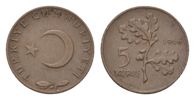 Турция 5 курушей 1966 KM 890.1 бронза 4674-854