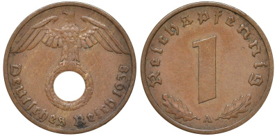 Германия 1 рейхспфенниг 1938 A KM 89, J. 361 бронза 4174-436