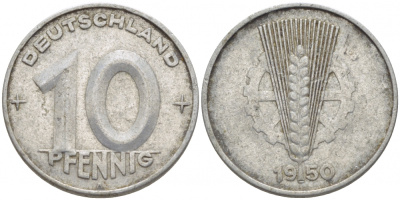 ГДР 10 ПФЕННИГОВ 1950 А KM 3 алюминий 4448-536