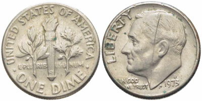 США 10 ЦЕНТОВ = 1 ДАЙМ 1973 D, РУЗВЕЛЬТ KM 195а медь плакированная медно-никелем 112-424