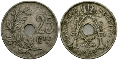 Бельгия 25 сантимов 1922 Belgie, Альберт I (1909-1934) KM 69 медно-никель 4165-835