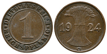 ГЕРМАНИЯ 1 РЕЙХСПФЕННИГ 1924 G KM 37, J.313 бронза 4380-1113