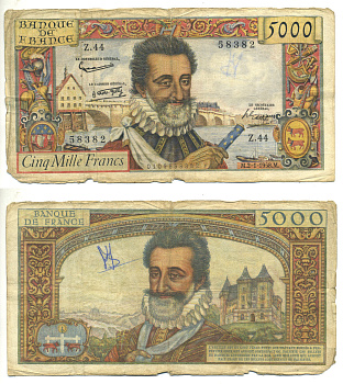 Франция 5000 франков 1958 2 января 1958 Pick 139 a бумага 3295-68-1-1