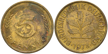 ФРГ 5 пфеннигов 1978 F KM 107, J.382 сталь плакированная латунью 4152-552