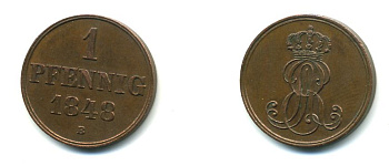 Ганновер 1 пфенниг 1848 B, Эрнст Август (1837-1851) KM 201.1, AKS 129, J. 74 медь 36-1154