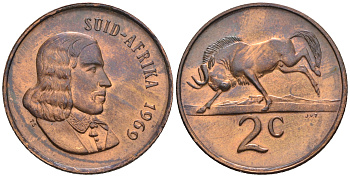 ЮАР 2 цента 1969 Ян ван Рибек (1619-1677), Suid Africa, легенда на африкаанс, антилопа гну KM 66.2 бронза  aUNC  4176-751