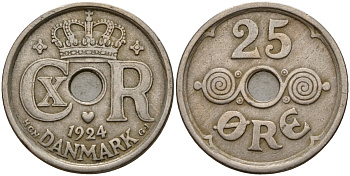 Дания 25 эре 1924 NCN; GJ Кристиан X (1912-1947) KM 823.1 медно-никель 4187-857