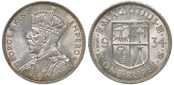 Маврикий 1 рупия 1934 Георг V (1910-1936) KM 17 серебро aUNC 00-817-11