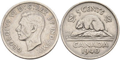 Канада 5 центов 1940 бобр, Георг VI (1937-1952) KM 33 никель    4595-626