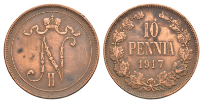 Россия для Финляндии 10 пенни 1917 Николай II (1894-1917) Биткин 440 медь 1530-732